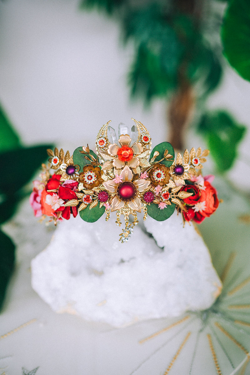 Red Flower Crown Celestial Gold Wedding Tiara – CARBICKOVA 