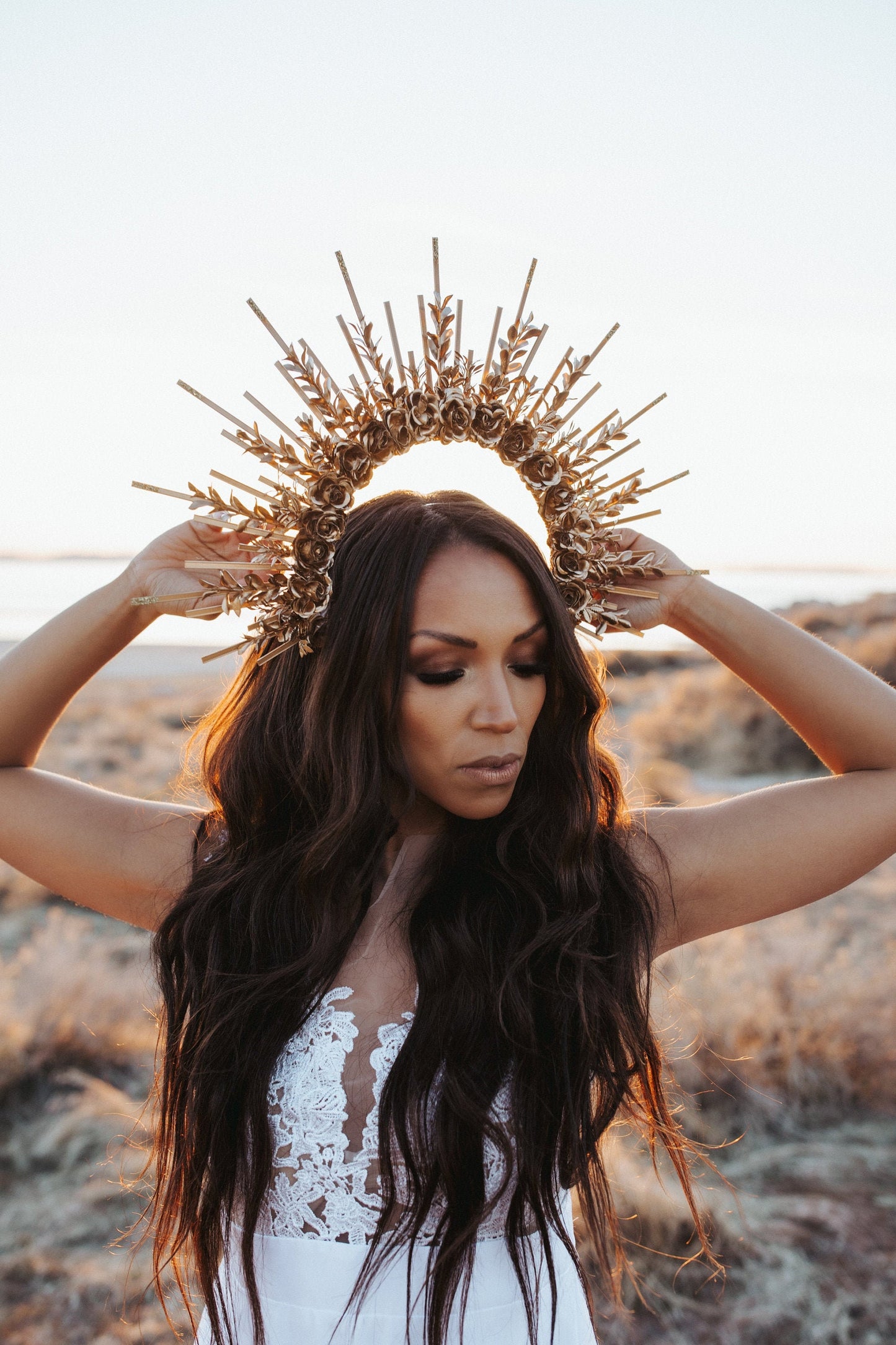 Gold flower halo crown, Flower crown, Wedding headpiece, Bridal crown, Gold crown, Halloween costume, Goddess crown, Wedding crown