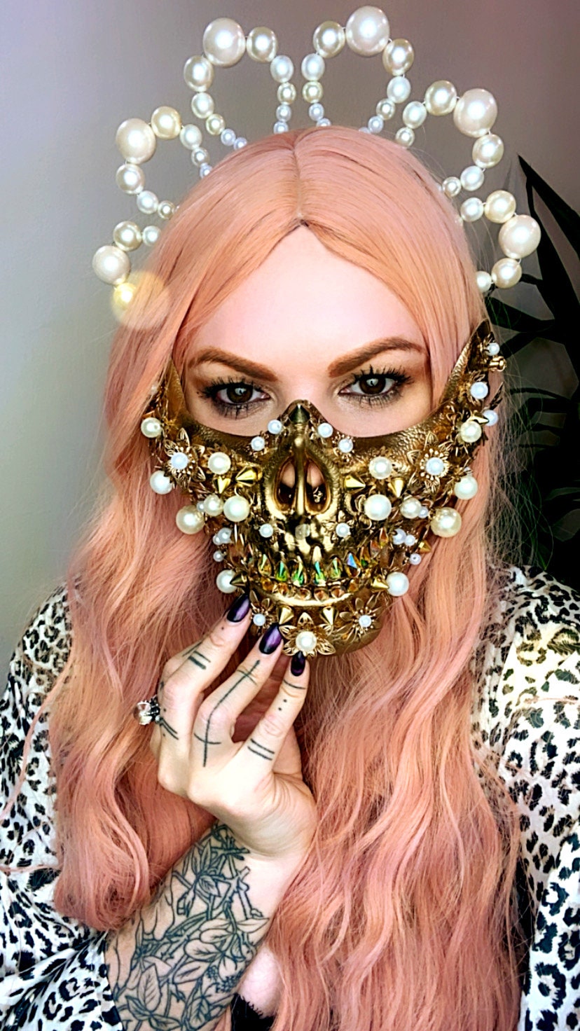 Gold skull mask, Skeleton costume, Burning man, Festival accessories, Skull, Festival Muzzle, Halloween, Festival jewellery, Rave outfit