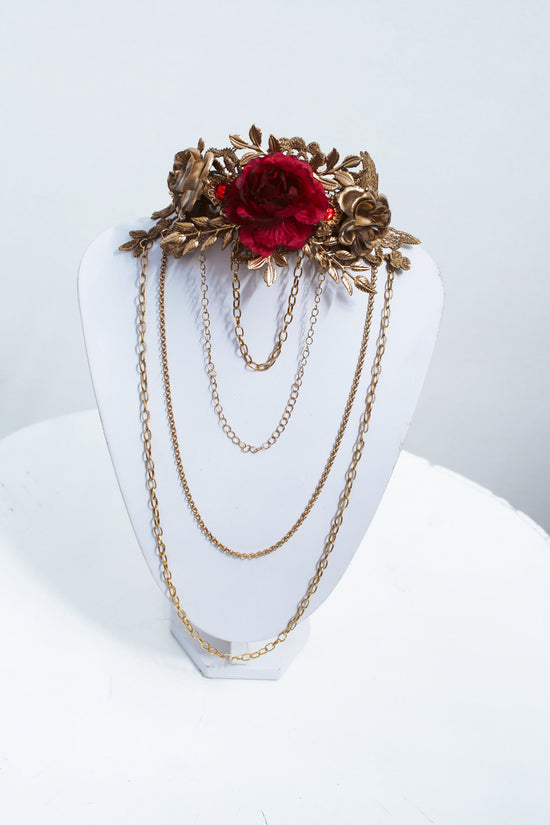 Choker necklace, Gold Choker necklace, Flower Choker, Glamour Choker, Party, Handmade necklace, Festival, Halloween, Sugar Skull, Red rose