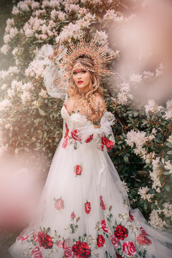 Gold wedding halo crown with red roses