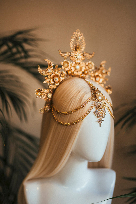 Gold sun crown, Moon crown, Halo Crown, Halo Headpiece, Bridal Headpiece, Wedding Crown, Bridal crown, Fairy crown, Celestial jewellery