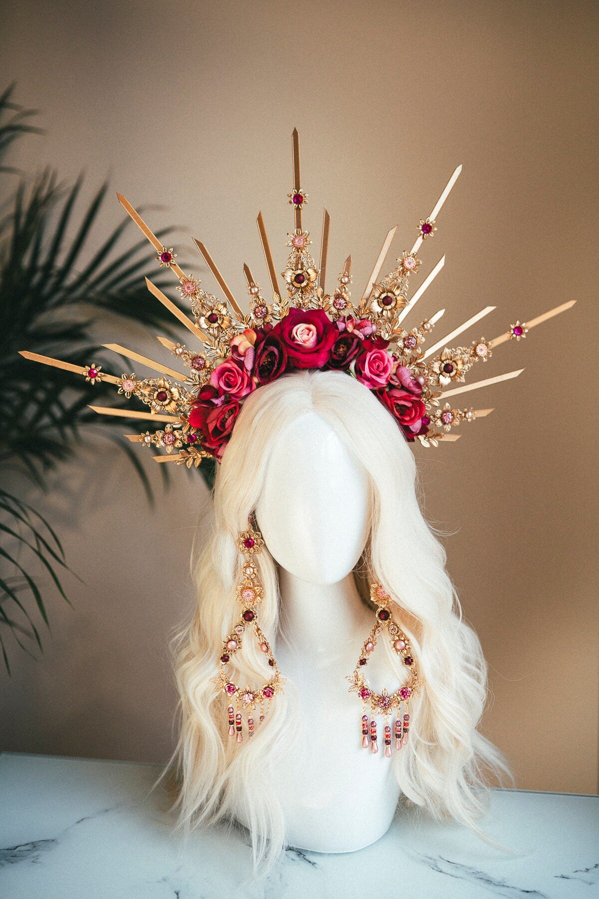 Flower halo crown, Red flower crown,  Gold goddess headpiece, Wedding crown, Bridal headpiece, Gold crown, Gold halo crown