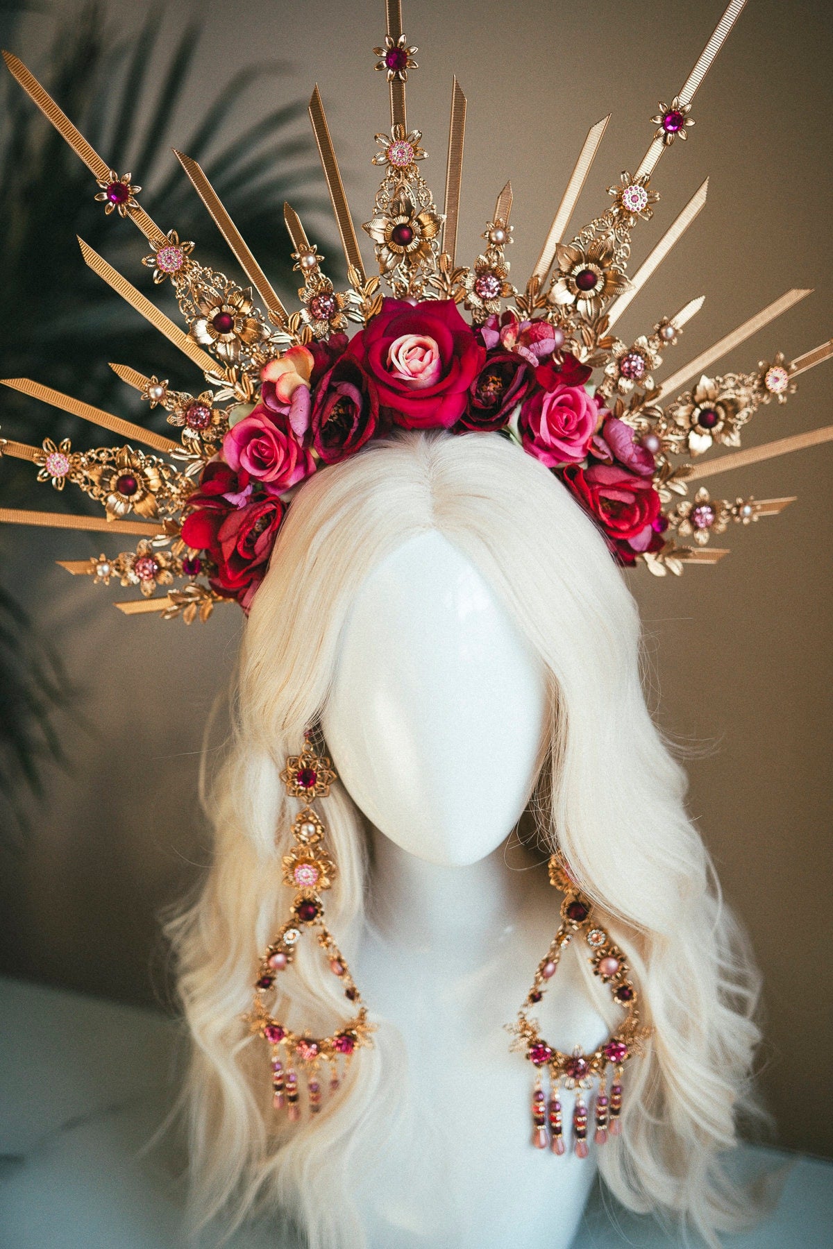 Flower halo crown, Red flower crown, Gold goddess headpiece, Wedding crown, Bridal headpiece, Gold crown, Gold halo crown