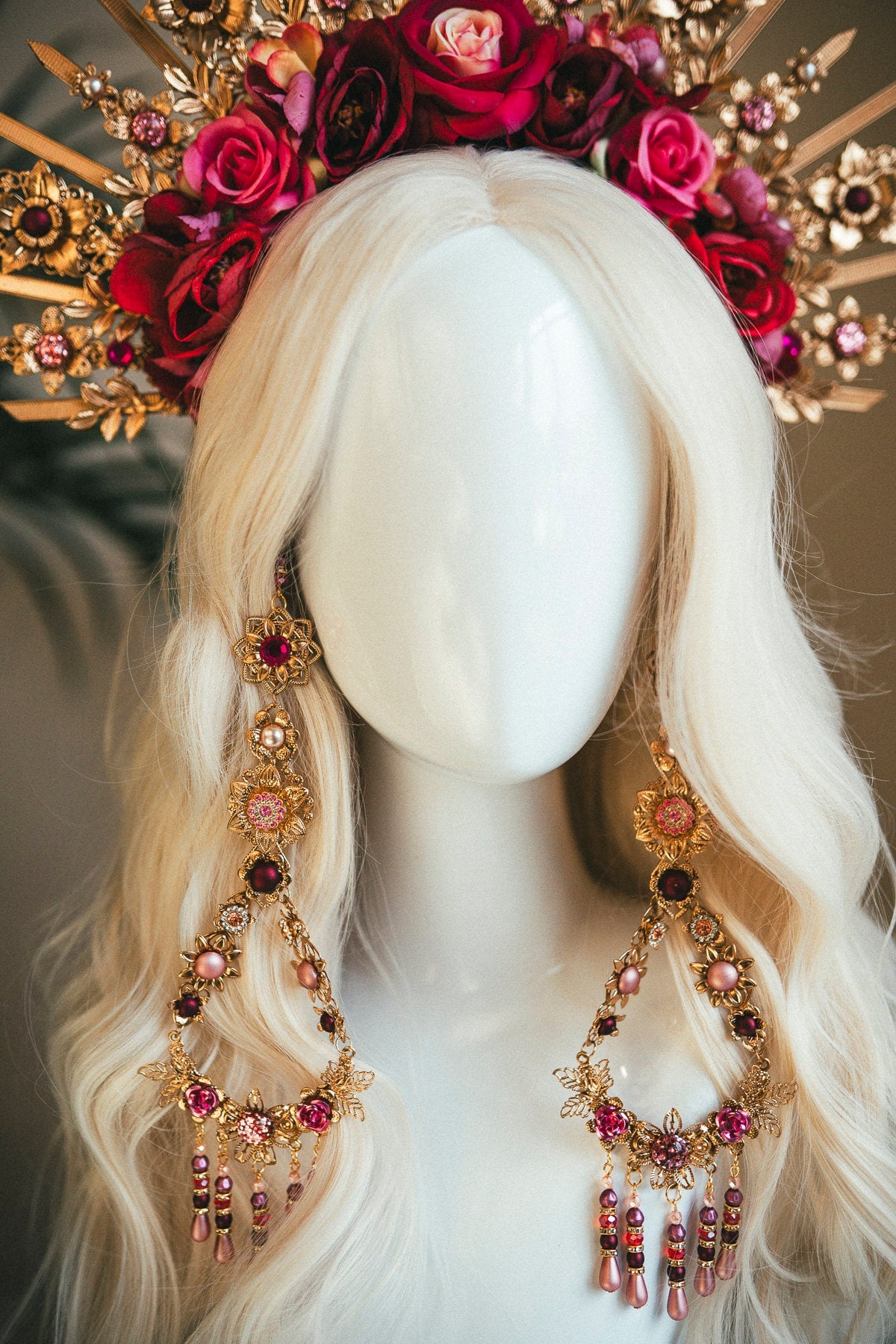 Flower halo crown, Red flower crown,  Gold goddess headpiece, Wedding crown, Bridal headpiece, Gold crown, Gold halo crown