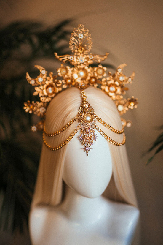 Gold sun crown, Moon crown, Halo Crown, Halo Headpiece, Bridal Headpiece, Wedding Crown, Bridal crown, Fairy crown, Celestial jewellery