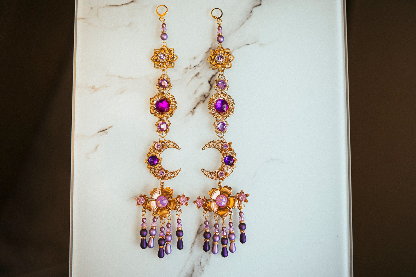 Flower Earrings, Long Earrings, Gold Earrings, Butterfly Earrings,Purple Earrings, Butterflies, Flowers, Romantic Earrings, Photo Props