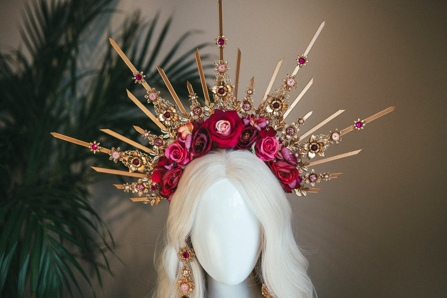 Flower halo crown, Red flower crown, Gold goddess headpiece, Wedding crown, Bridal headpiece, Gold crown, Gold halo crown