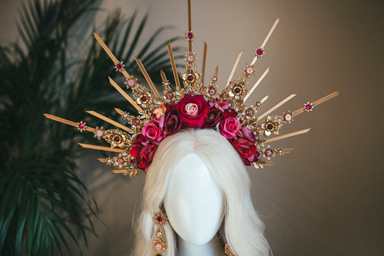 Flower halo crown, Red flower crown, Gold goddess headpiece, Wedding crown, Bridal headpiece, Gold crown, Gold halo crown