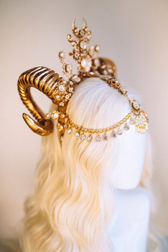 Gold Aries crown, Aries Zodiac Signs, Zodiac jewellery, Aries crown, Horns crown, Gold crown, Gold halo crown, Burning man, Halloween