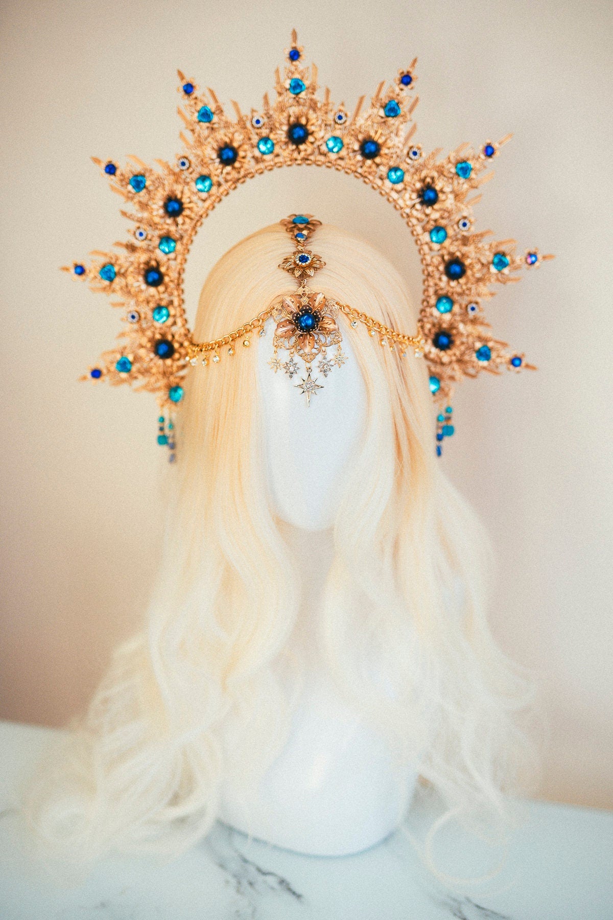 Blue Halo crown, Gold Halo, Goddess Crown,Photo props, Maternity Photo shoot, Queen Crown, Halo Headpiece, Crown, Headband,Celestial jewelry