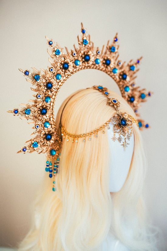 Blue Halo crown, Gold Halo, Goddess Crown,Photo props, Maternity Photo shoot, Queen Crown, Halo Headpiece, Crown, Headband,Celestial jewelry