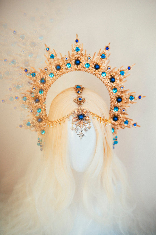 Blue Halo crown, Gold Halo, Goddess Crown,Photo props, Maternity Photo shoot, Queen Crown, Halo Headpiece, Crown, Headband,Celestial jewelry