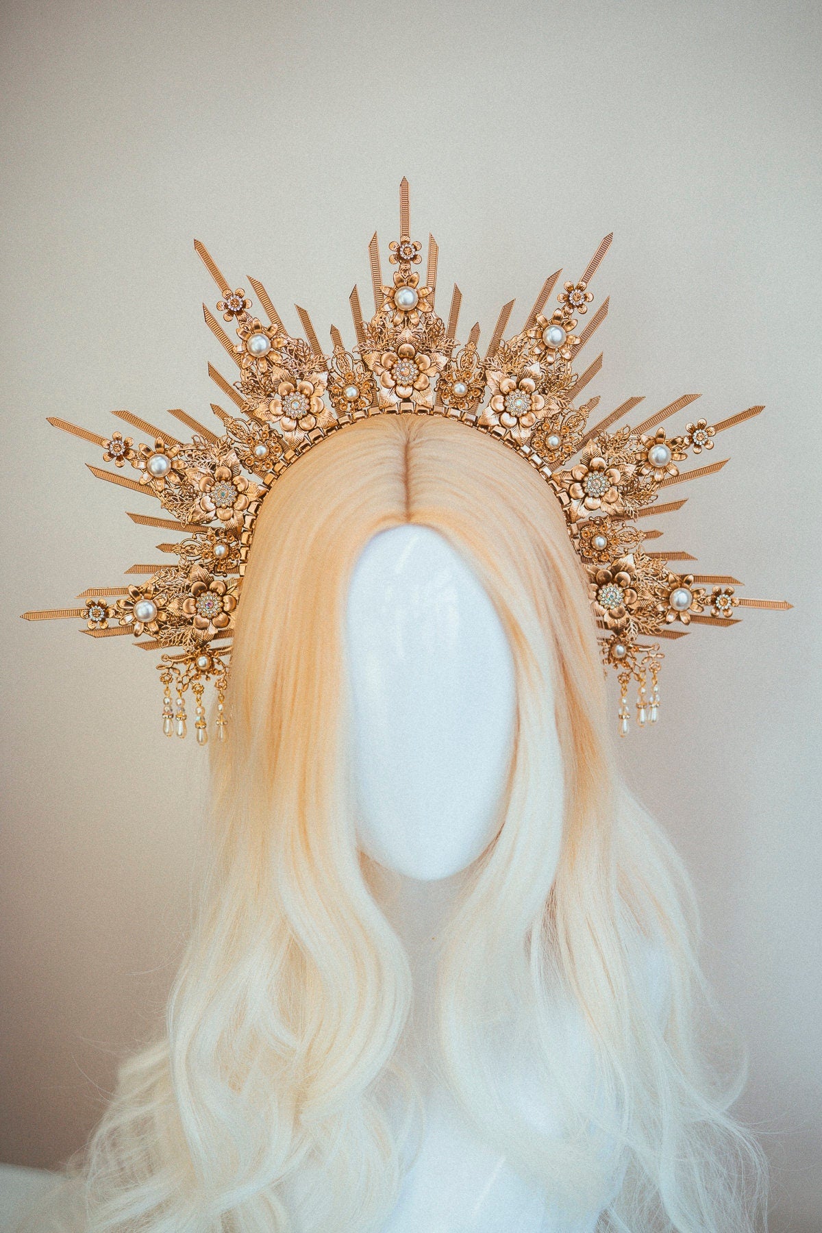 Beige Halo Crown Halo Crown Halo Headpiece Halo Headband Halo Headlights Crown Gold Halo Headpiece Wedding Crown