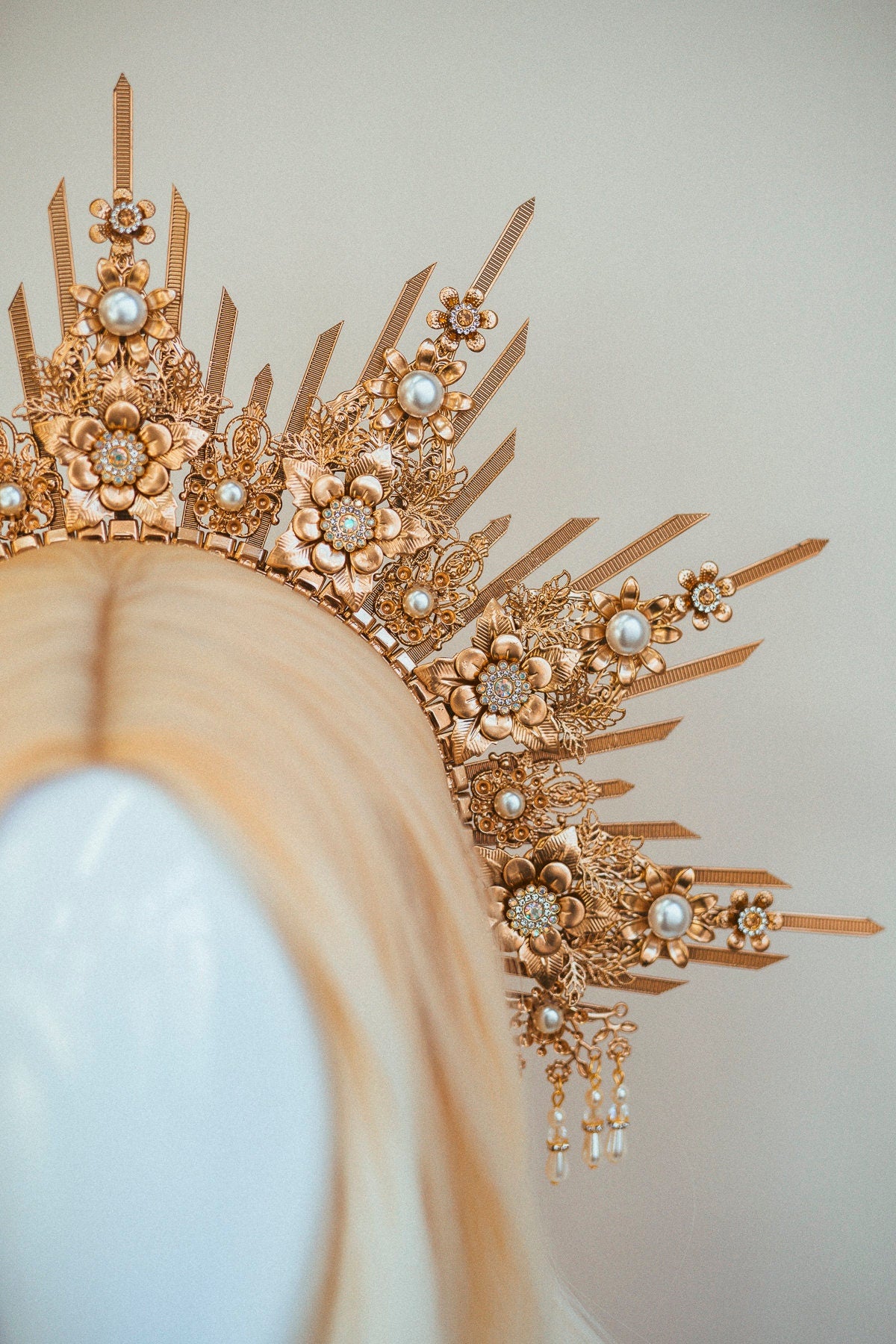 Beige Halo Crown Halo Crown Halo Headpiece Halo Headband Halo Headlights Crown Gold Halo Headpiece Wedding Crown