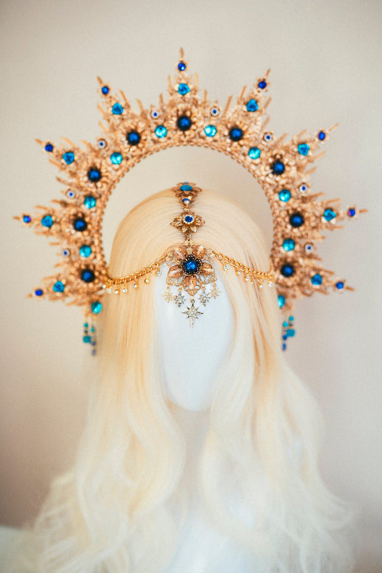 Blue Halo crown, Gold Halo, Goddess Crown,Photo props, Maternity Photo shoot, Queen Crown, Halo Headpiece, Crown, Headband,Celestial jewelry