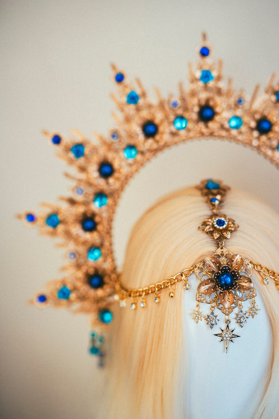 Blue Halo crown, Gold Halo, Goddess Crown,Photo props, Maternity Photo shoot, Queen Crown, Halo Headpiece, Crown, Headband,Celestial jewelry