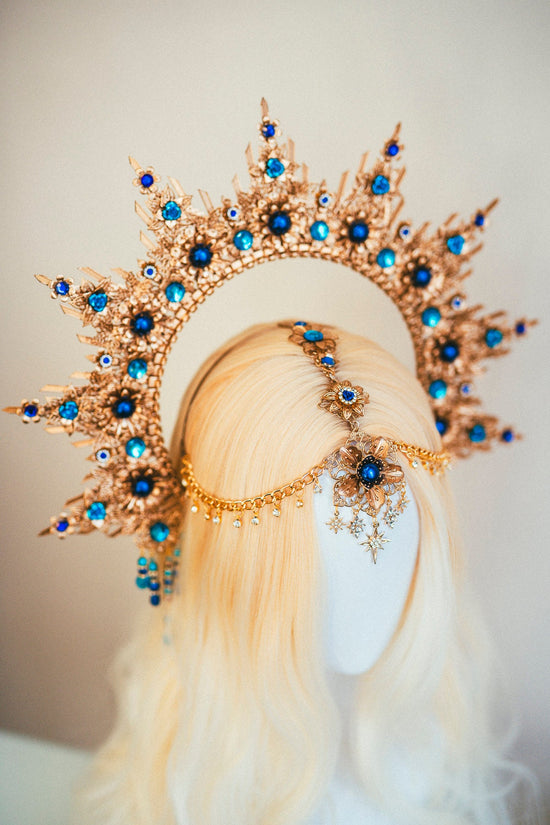 Blue Halo crown, Gold Halo, Goddess Crown,Photo props, Maternity Photo shoot, Queen Crown, Halo Headpiece, Crown, Headband,Celestial jewelry