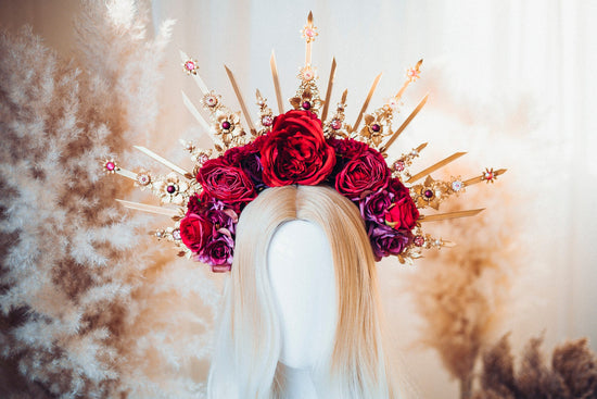 Red flower crown, Bridal headpiece, Flower headband, Gold crown with red roses, Wedding headpiece, Bridal crown, Goddess crown, Red crown