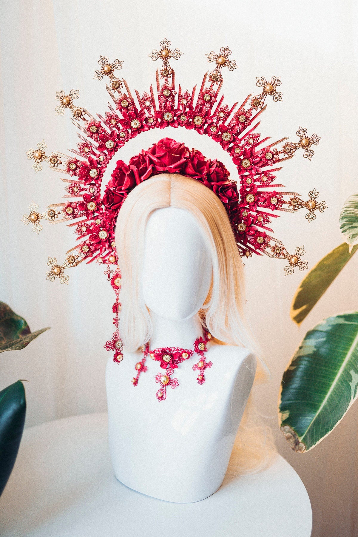 Red Halo Crown Flower Crown Halo Headpiece Rose Headband Madonna Collection Valentine Halloween Red Crown Photo Props Gothic