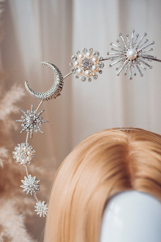 Bride Halo Crown Wedding Halo Headband Halo Headlights Moon Child Silver Halo Headpiece Stars Crown Headband Festival bride