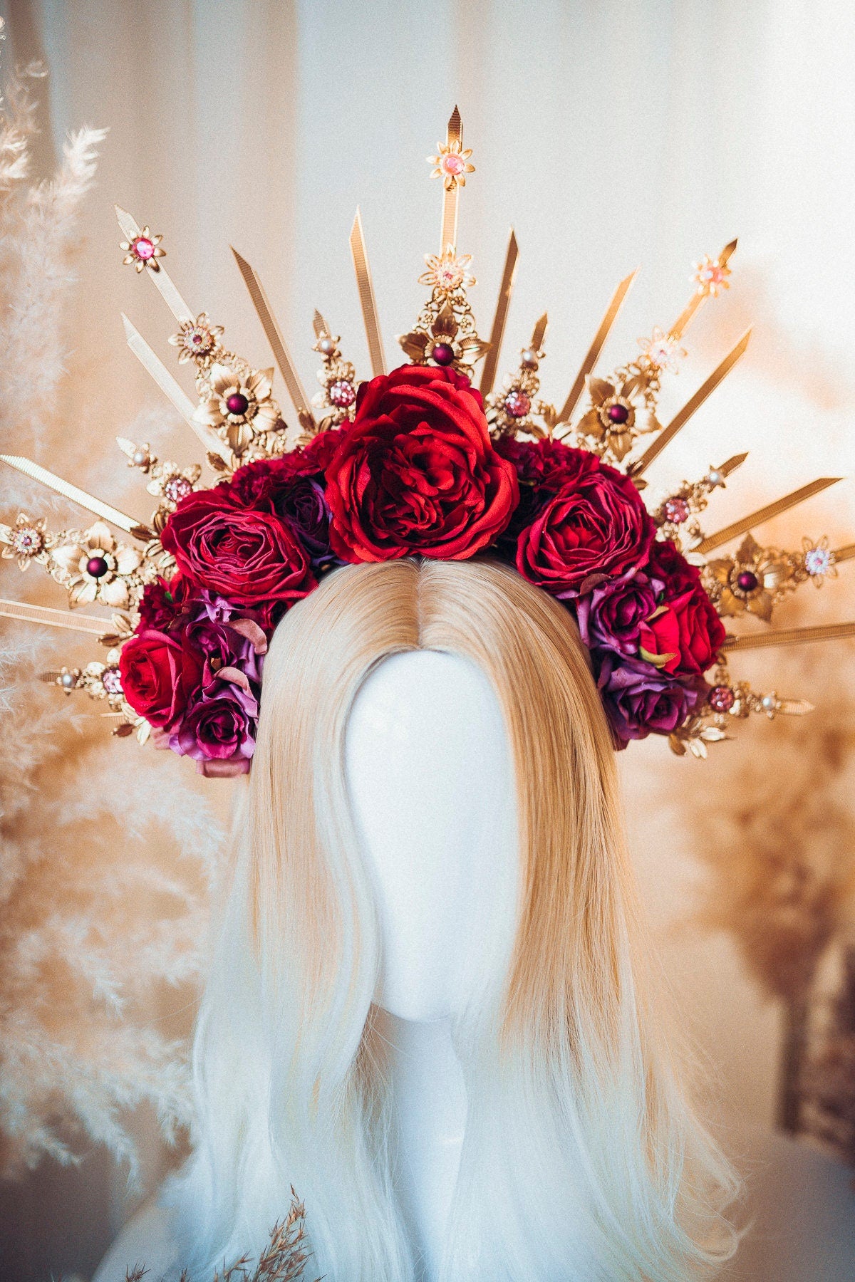 Red flower crown, Bridal headpiece, Flower headband, Gold crown with red roses, Wedding headpiece, Bridal crown, Goddess crown, Red crown