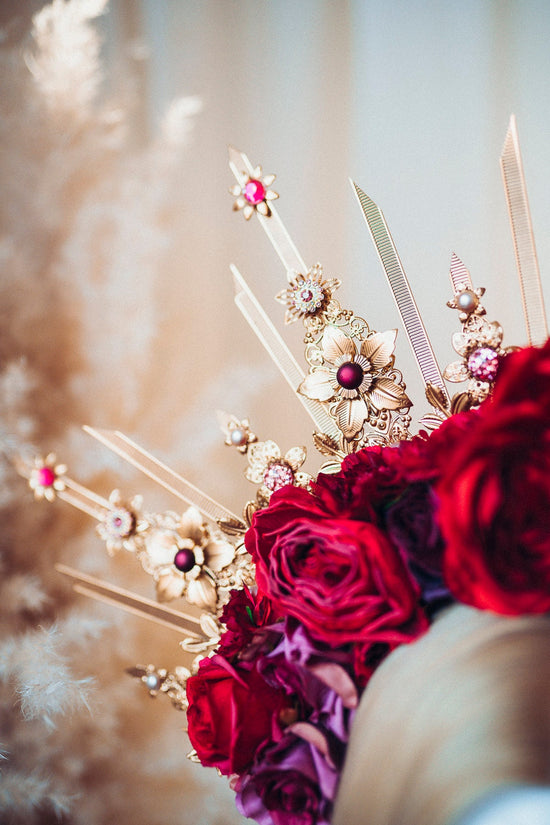 Red flower crown, Bridal headpiece, Flower headband, Gold crown with red roses, Wedding headpiece, Bridal crown, Goddess crown, Red crown