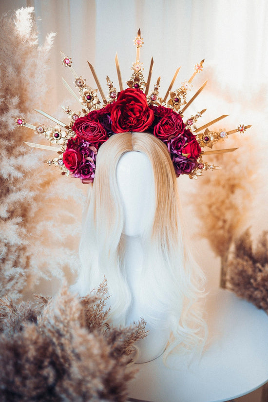 Red flower crown, Bridal headpiece, Flower headband, Gold crown with red roses, Wedding headpiece, Bridal crown, Goddess crown, Red crown