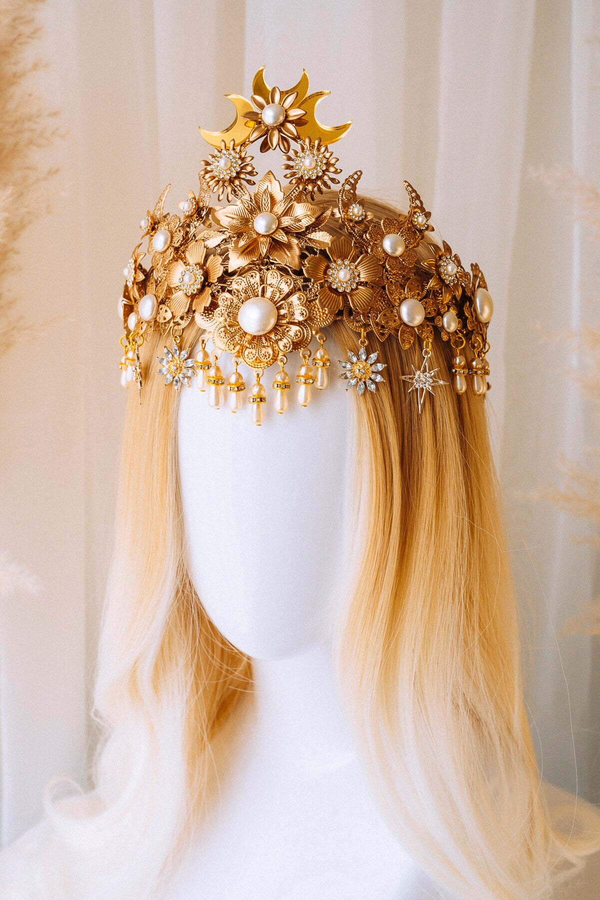 Gold Moon Crown, Halo Crown, Headpiece, Moon Child Headband, Halo Headlights, Boho Crown, Gold Halo, Moon Jewelry, Wedding Crown, Headband