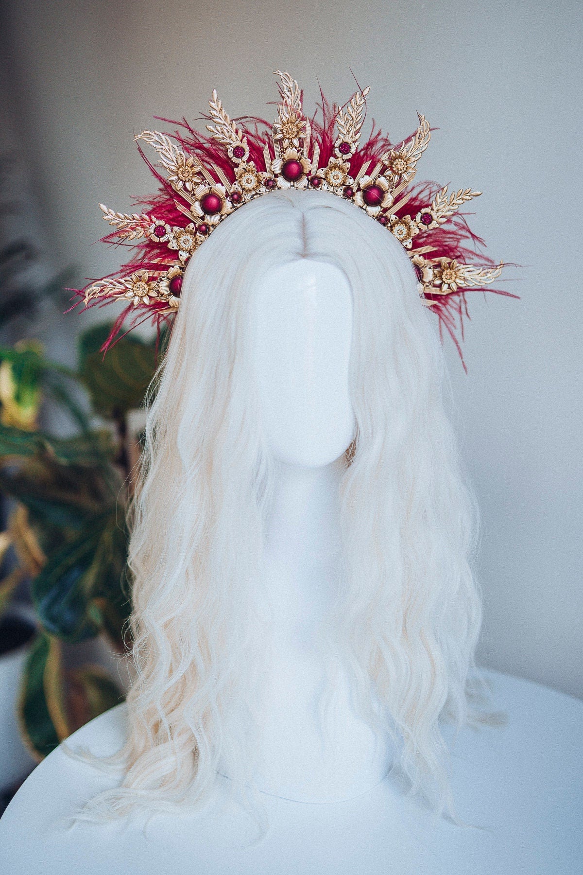 Burgundy Halo Crown, Halo Headpiece, Festival crown, Festival headpiece, Wedding Crown, Halo crown, Boho Wedding, Halo Headband, Red Halo