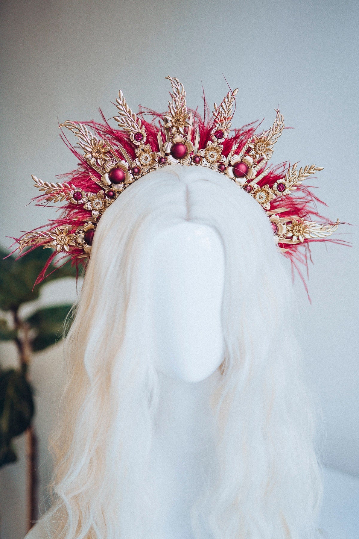 Burgundy Halo Crown, Halo Headpiece, Festival crown, Festival headpiece, Wedding Crown, Halo crown, Boho Wedding, Halo Headband, Red Halo