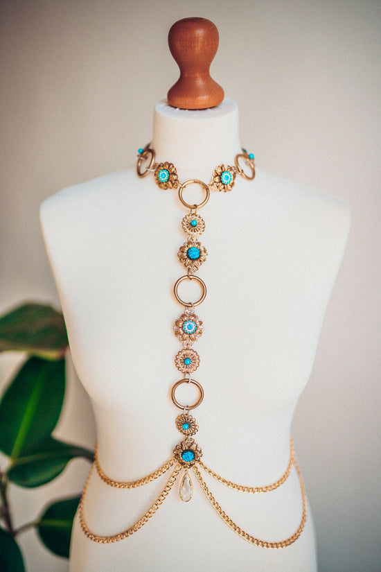 Gold Boho Harness, Festival Harness, Festival Fashion, Burning Man Fashion, Photo props, Blue Harness, Burning Man, Boho style