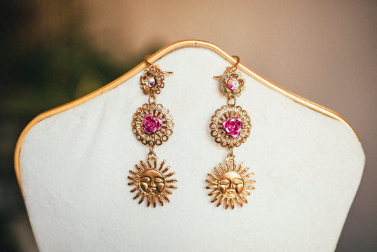 Celestial Earrings, Festival Earrings, Pink Earrings, Pink Flower Earrings, Summer Earrings, Cute Earrings, Sun Earrings, Sun Jewellery,Boho