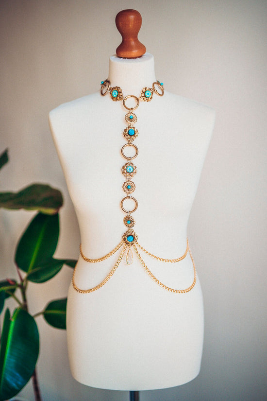 Gold Boho Harness, Festival Harness, Festival Fashion, Burning Man Fashion, Photo props, Blue Harness, Burning Man, Boho style