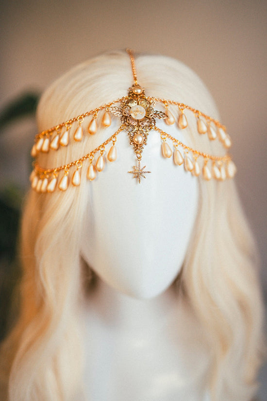 Celestial jewellery, Chain Headband, Festival Headpiece, Pearl Crown, Wedding crown, Bridal headpiece, Bridal crown, Hair accessories, Boho