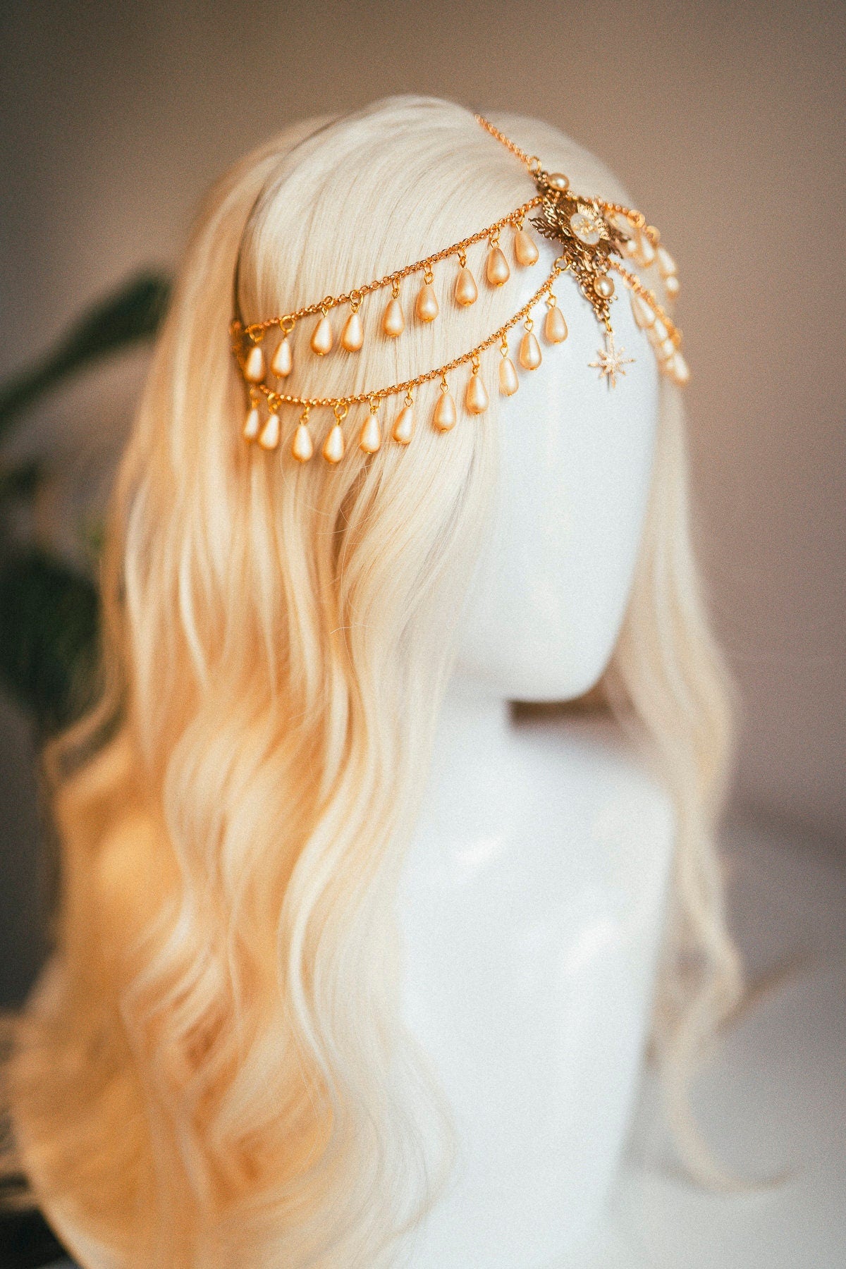 Celestial jewellery, Chain Headband, Festival Headpiece, Pearl Crown, Wedding crown, Bridal headpiece, Bridal crown, Hair accessories, Boho