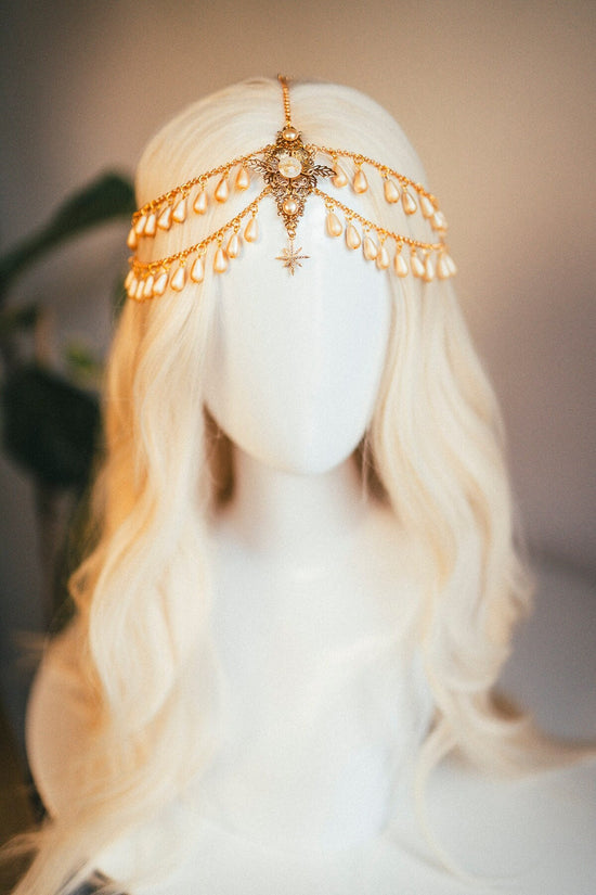 Celestial jewellery, Chain Headband, Festival Headpiece, Pearl Crown, Wedding crown, Bridal headpiece, Bridal crown, Hair accessories, Boho