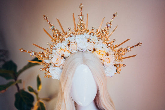 Flower halo crown, Beige flower crown, Halo headpiece, Bridal crown, Wedding headpiece, Goddess crown, Bridal headpiece, Wedding crown