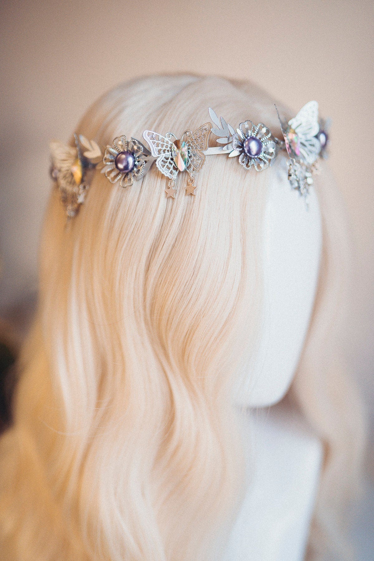 Silver crown with lavender rhinestones, Butterfly crown, Butterfly headpiece, Wedding crown, Bridal headpiece, Fairy crown