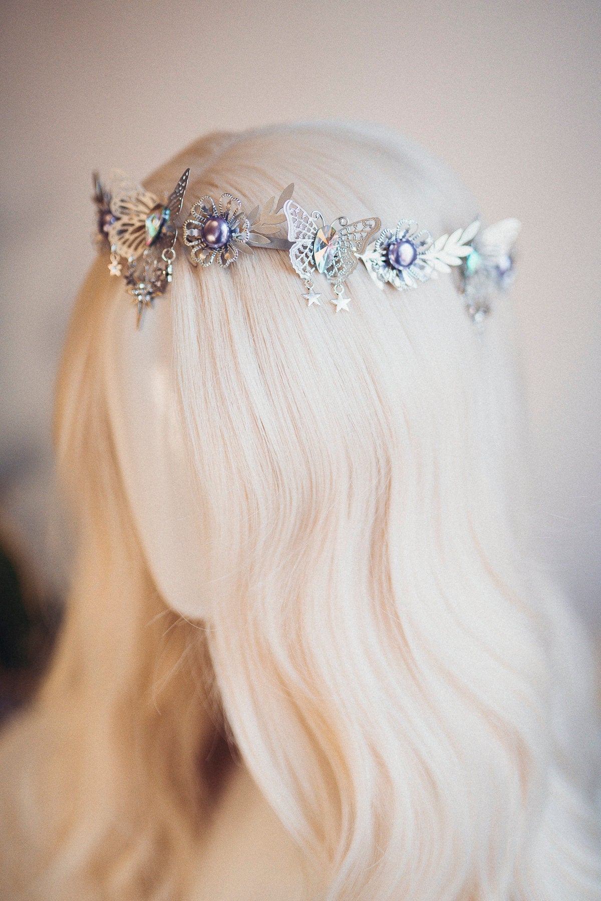 Silver crown with lavender rhinestones, Butterfly crown, Butterfly headpiece, Wedding crown, Bridal headpiece, Fairy crown