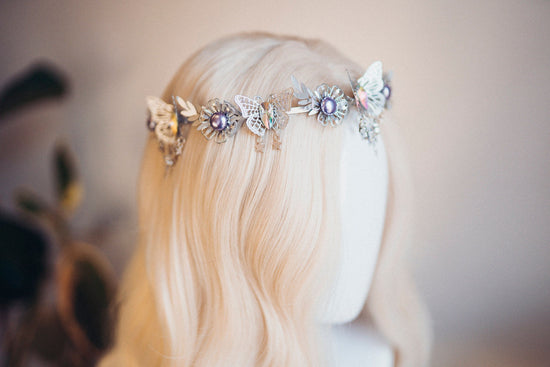 Silver crown with lavender rhinestones, Butterfly crown, Butterfly headpiece, Wedding crown, Bridal headpiece, Fairy crown