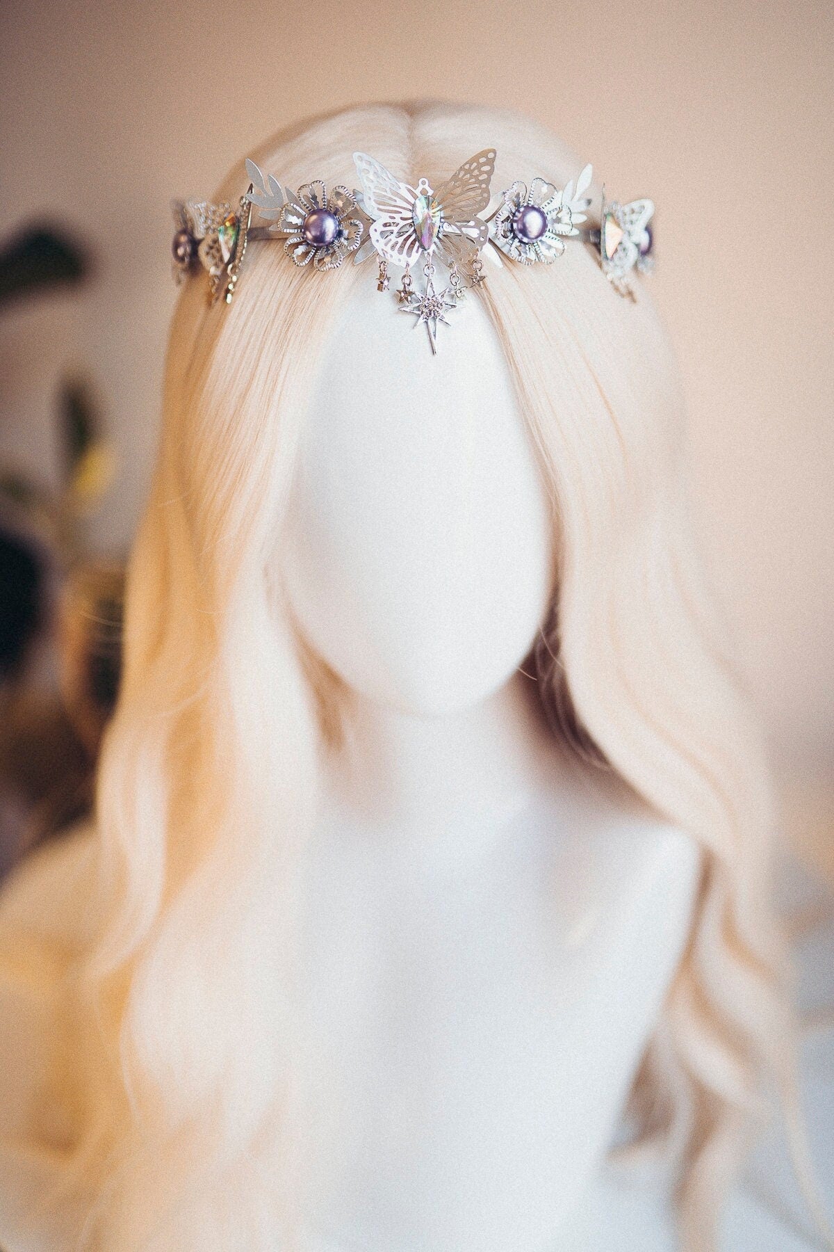 Silver crown with lavender rhinestones, Butterfly crown, Butterfly headpiece, Wedding crown, Bridal headpiece, Fairy crown