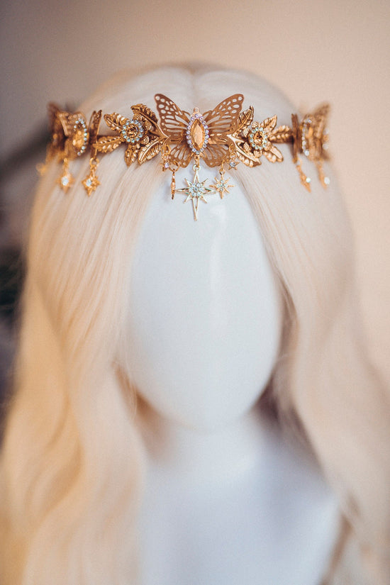 Gold crown with beige rhinestones, Butterfly crown, Butterfly headpiece, Wedding crown, Bridal headpiece, Fairy crown, Elven crown