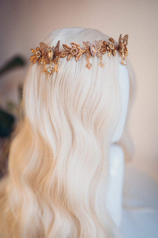 Gold crown with beige rhinestones, Butterfly crown, Butterfly headpiece, Wedding crown, Bridal headpiece, Fairy crown, Elven crown