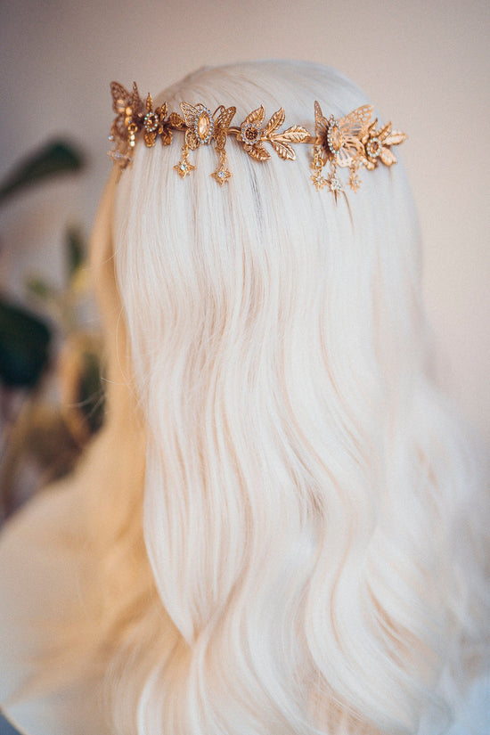 Gold crown with beige rhinestones, Butterfly crown, Butterfly headpiece, Wedding crown, Bridal headpiece, Fairy crown, Elven crown