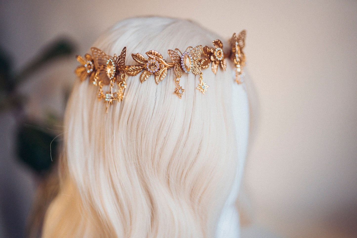 Gold crown with beige rhinestones, Butterfly crown, Butterfly headpiece, Wedding crown, Bridal headpiece, Fairy crown, Elven crown