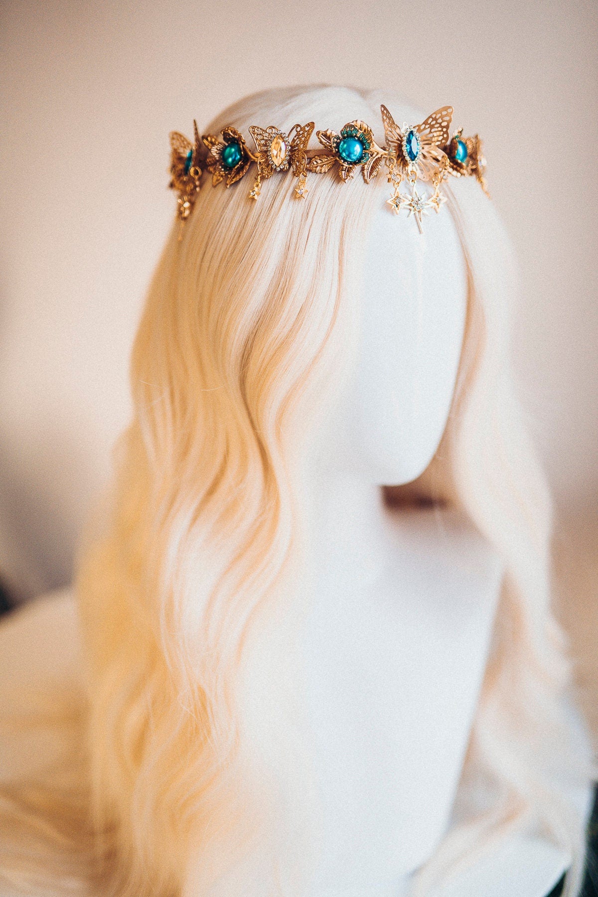 Gold crown with turquoise rhinestones, Butterfly crown, Butterfly headpiece, Wedding crown, Bridal headpiece, Fairy crown, Elven crown