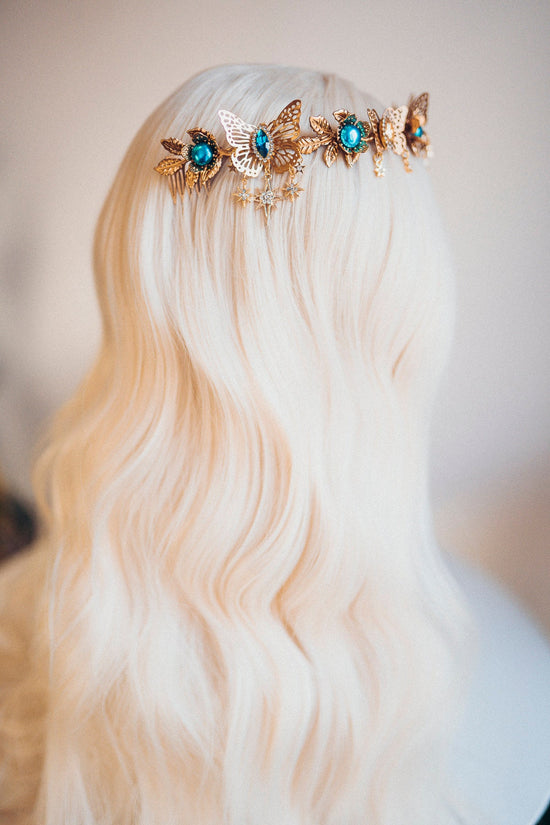 Gold crown with turquoise rhinestones, Butterfly crown, Butterfly headpiece, Wedding crown, Bridal headpiece, Fairy crown, Elven crown