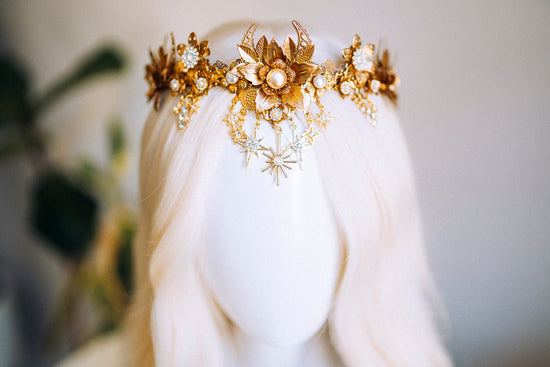 Bridal crown, Celestial crown, Gold crown, Fairy Crown, Wedding crown, Bridal headpiece, Bridal crown, Silver tiara, Goddess crown, Boho