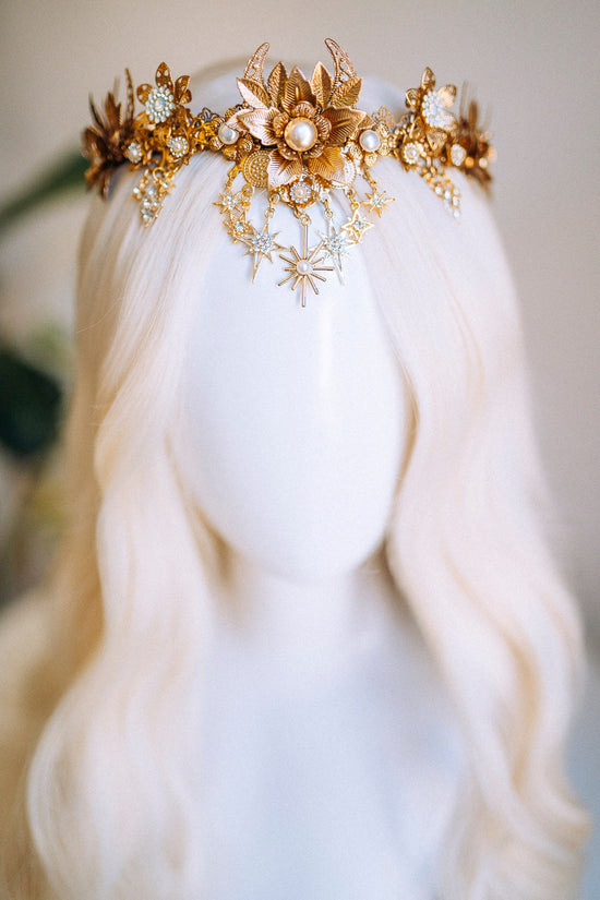 Bridal crown, Celestial crown, Gold crown, Fairy Crown, Wedding crown, Bridal headpiece, Bridal crown, Silver tiara, Goddess crown, Boho